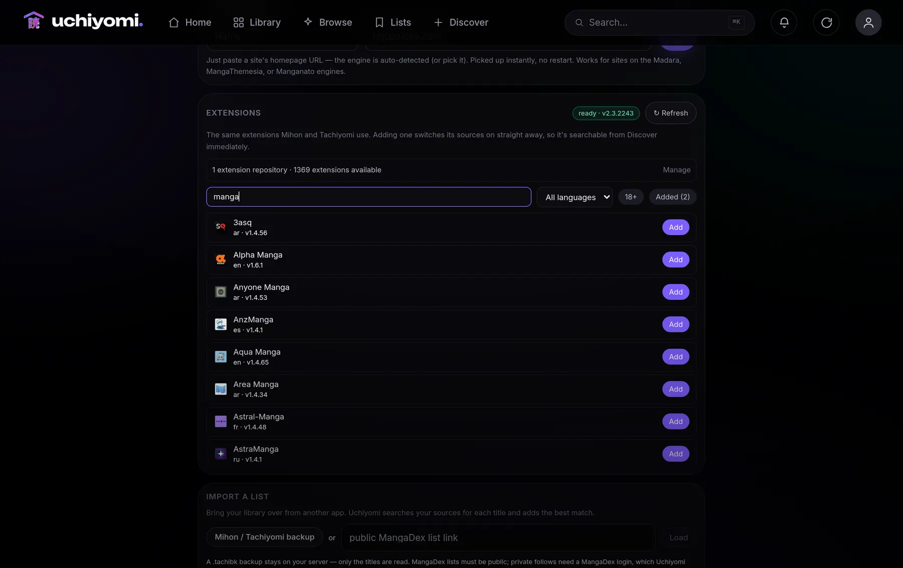 Browsing and installing Mihon extensions from inside the Uchiyomi admin panel