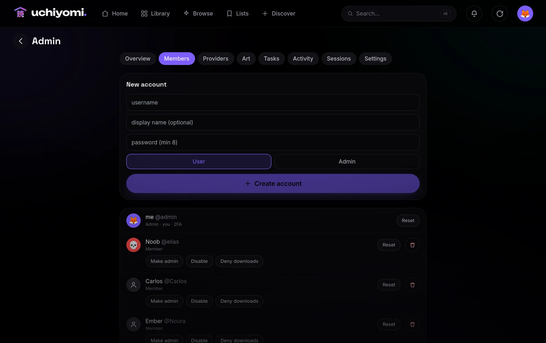 Uchiyomi admin panel: members, roles and permissions
