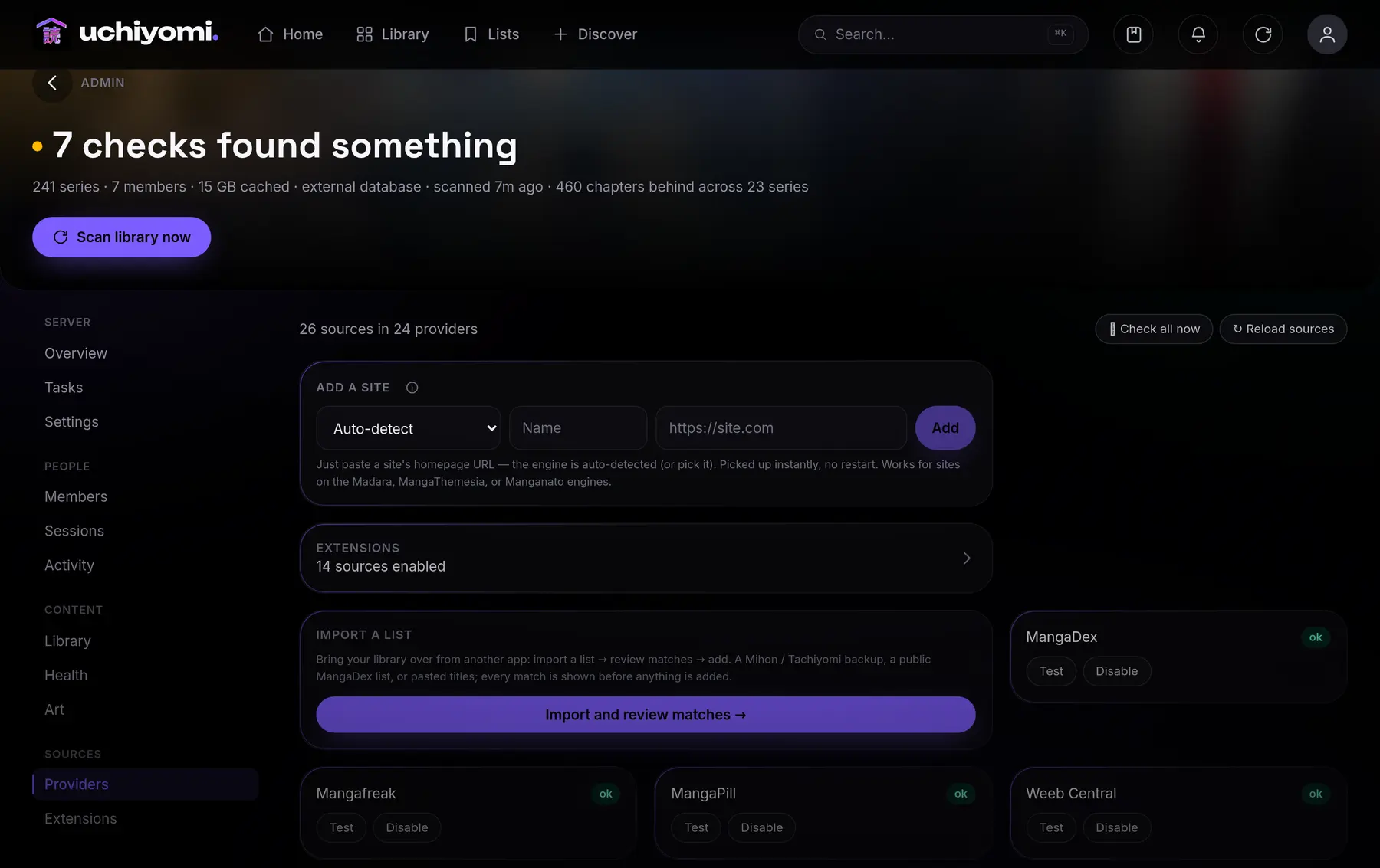 The Uchiyomi admin panel, showing configured sources