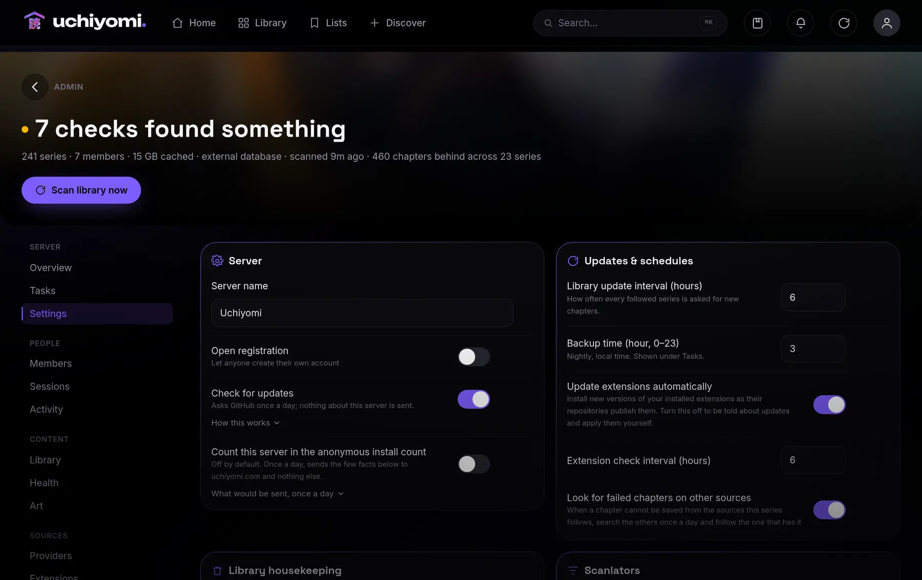 The Uchiyomi admin settings, in four sections