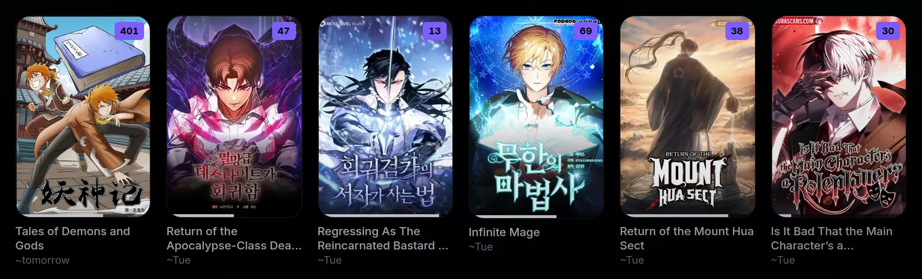 The Library sorted by Releasing soon: each of the first covers says when its next chapter is likely, Running late, Due or a day of the week