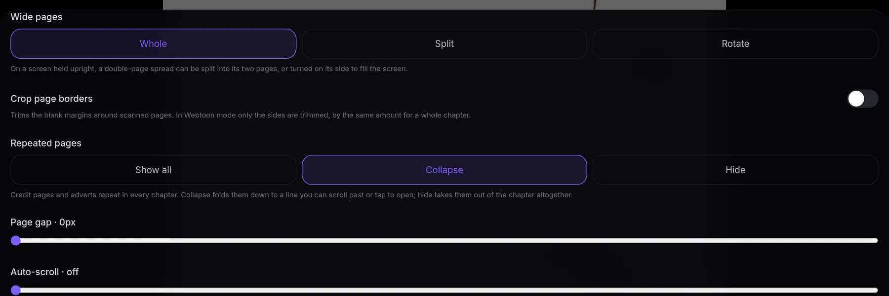 The reader's settings: Wide pages (Whole, Split, Rotate) and Crop page borders