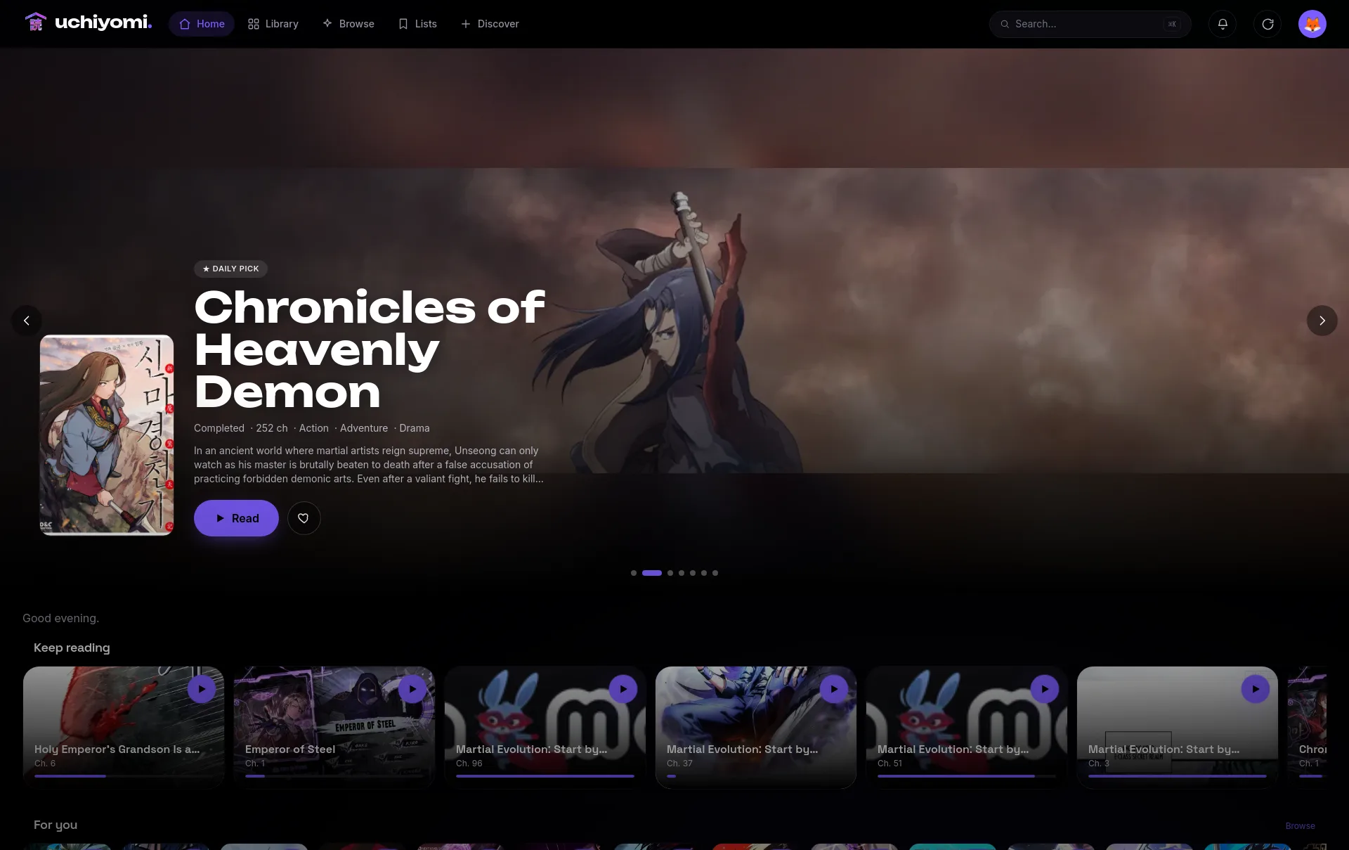 Uchiyomi home screen with a daily-picked series and recommendation rails