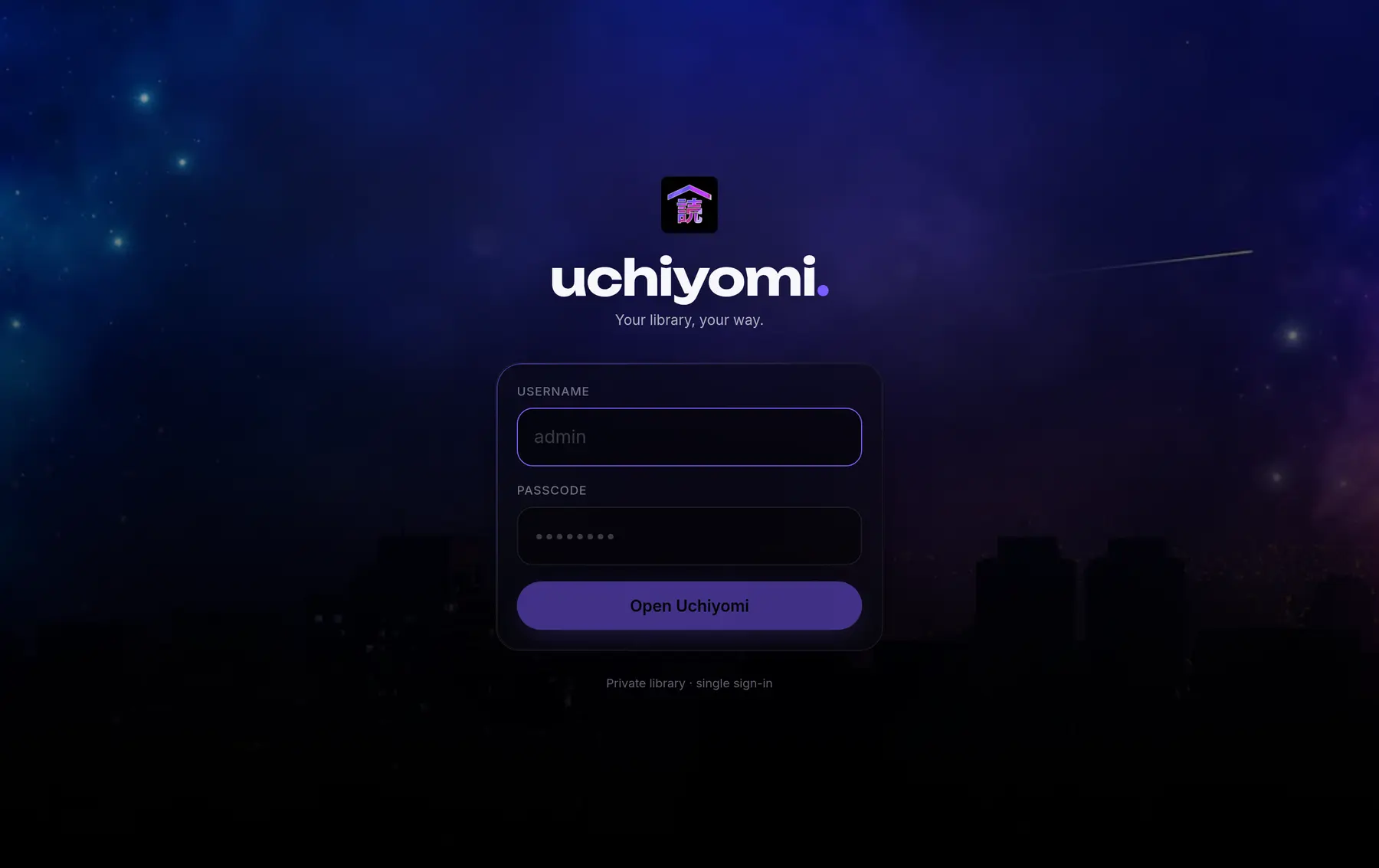 The Uchiyomi sign-in screen on a fresh install